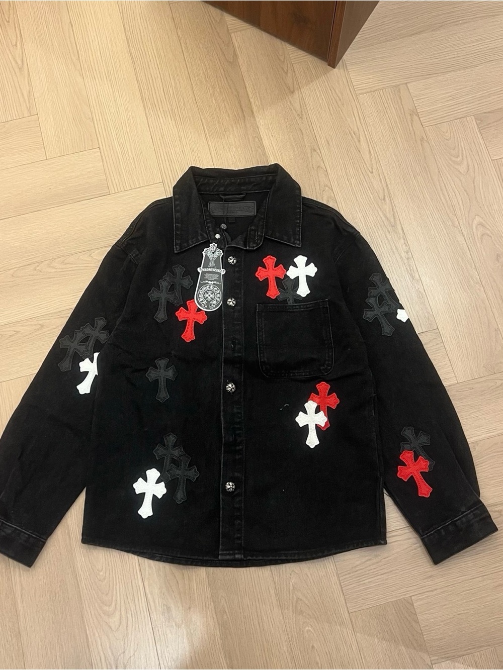 Chrome Hearts Black Jacket with Red, White & Black Cross Appliqués